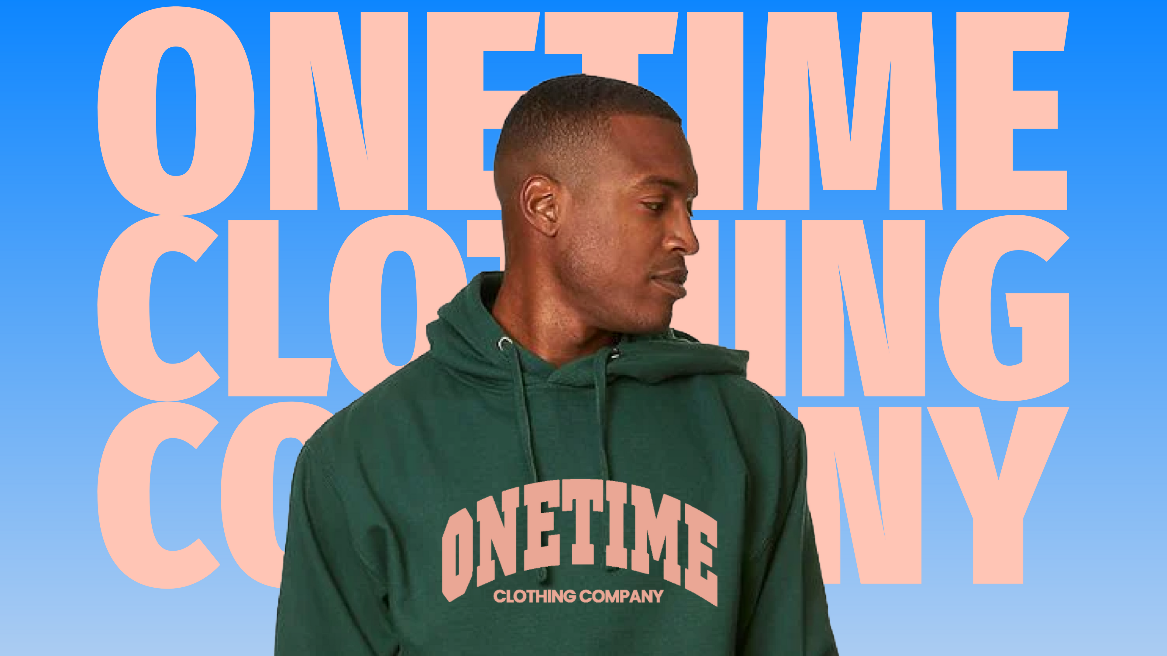 Man wearing a green hoodie with 'ONETIME CLOTHING COMPANY' text against a blue background with brand name.